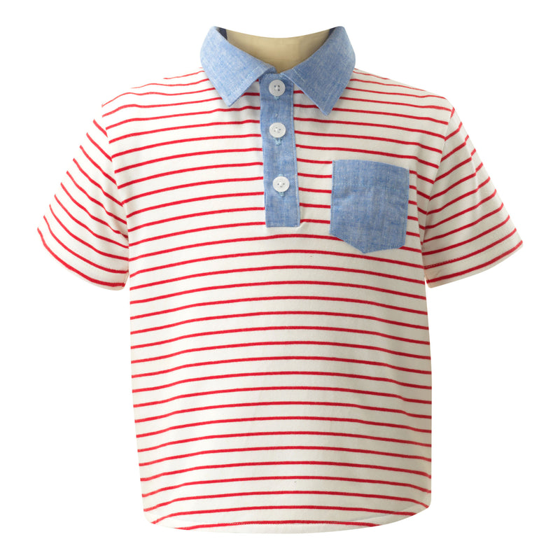 Breton Stripe Polo Shirt, Red