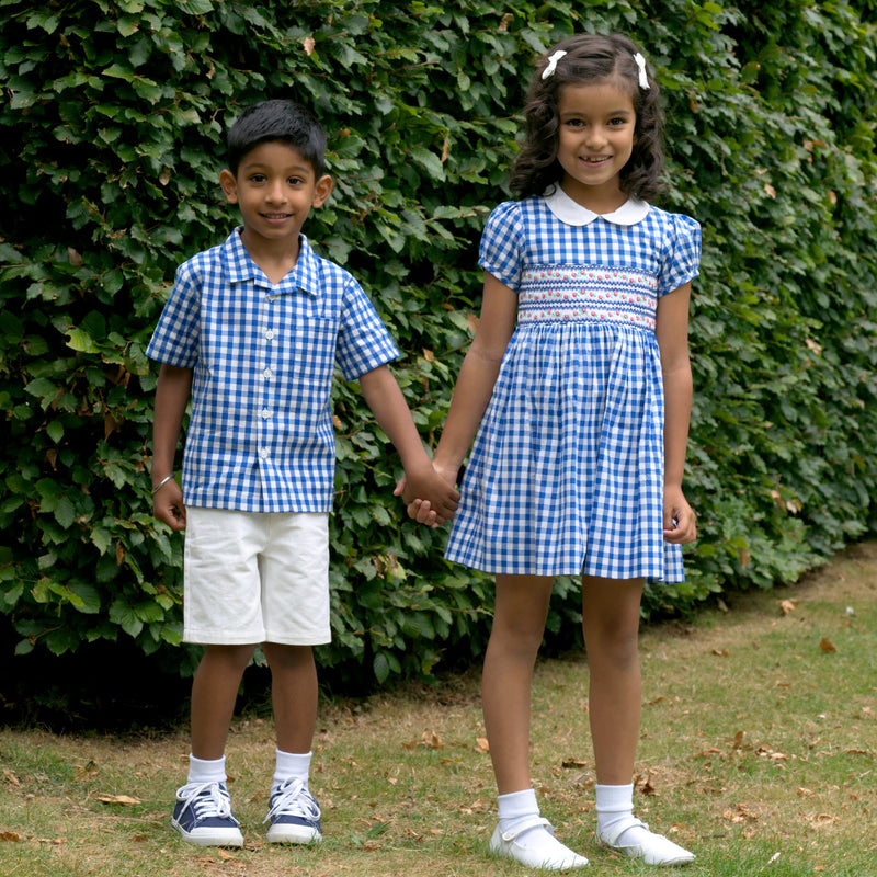 Daisy Check Smocked Dress, Blue