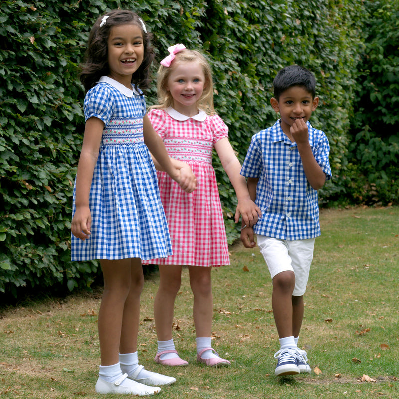 Daisy Check Smocked Dress, Blue