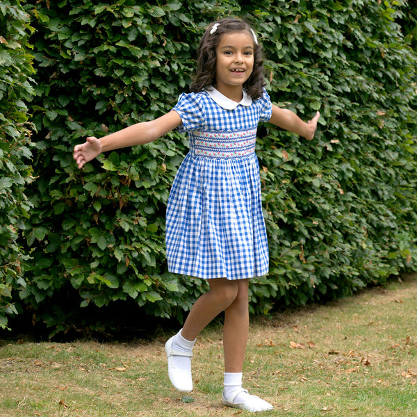 Daisy Check Smocked Dress, Blue