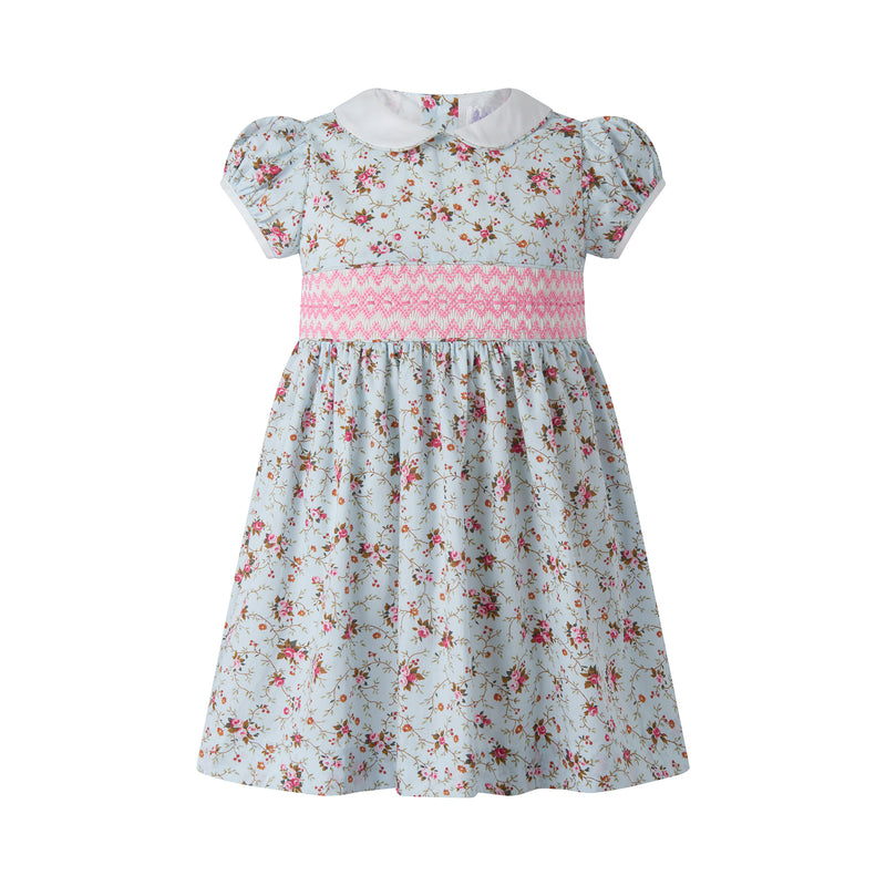 Pale Blue Floral Smocked Dress