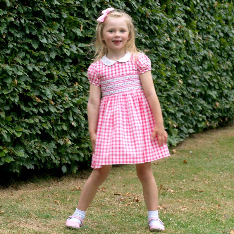 Daisy Check Smocked Dress, Pink