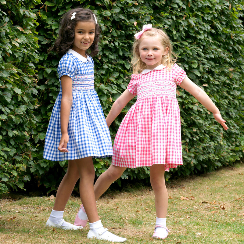 Daisy Check Smocked Dress, Blue