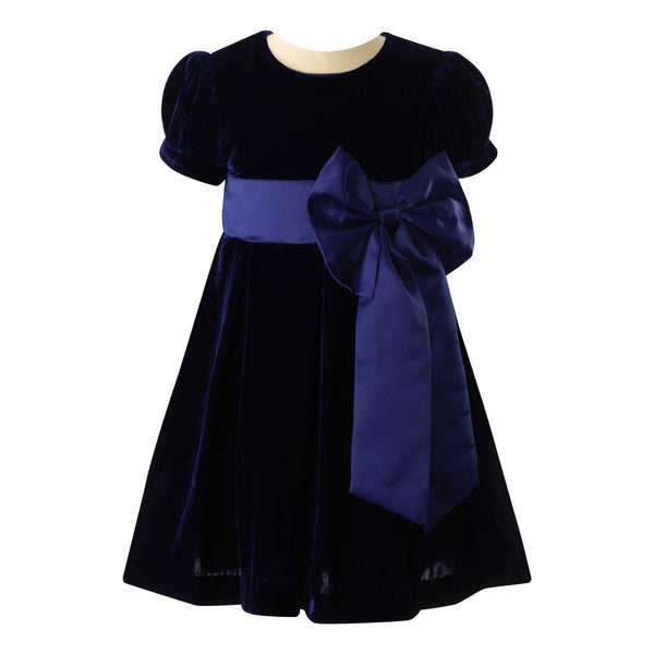 Crushed Velvet Bow Dress, Navy