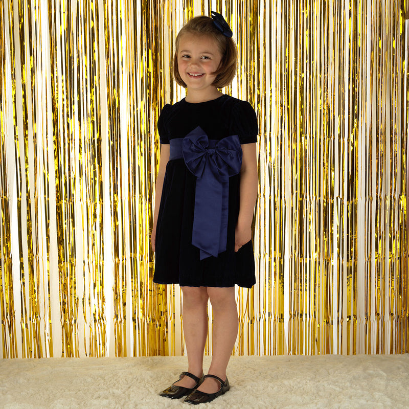 Crushed Velvet Bow Dress, Navy