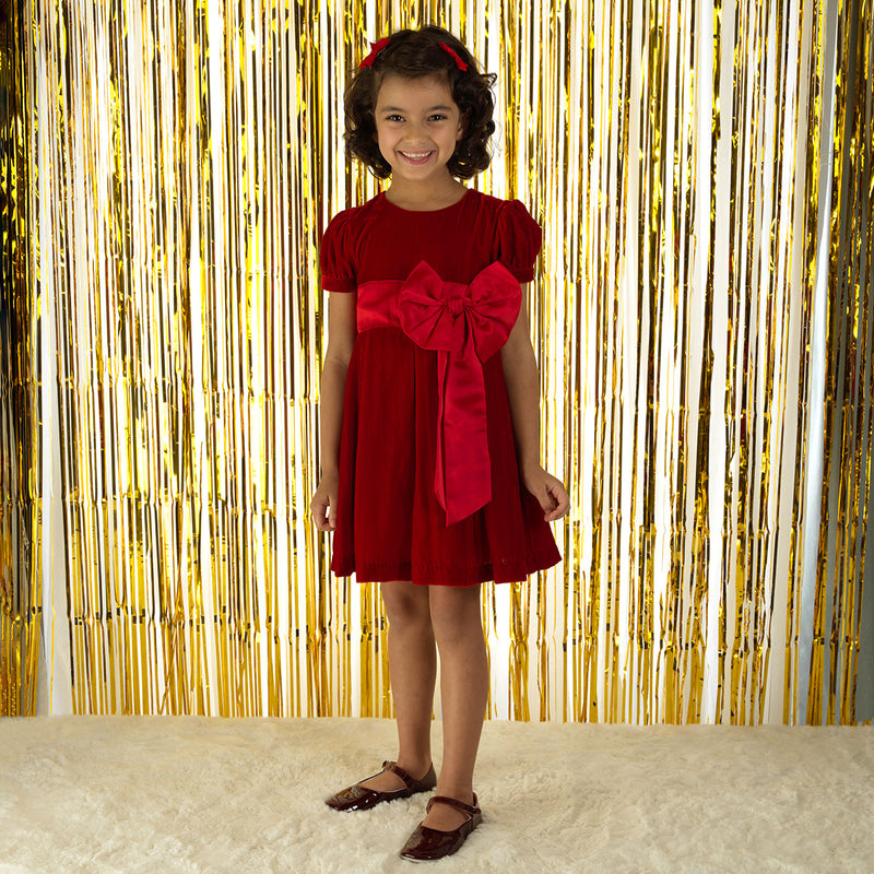 Crushed Velvet Bow Dress, Red