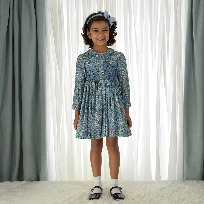 Blue Petal Blossom Smocked Button-front Dress