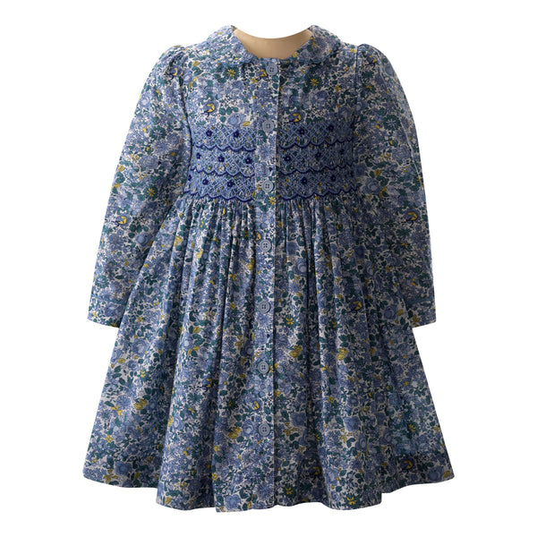 Blue Petal Blossom Smocked Button-front Dress