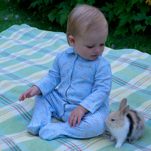 Blue Gingham Bunny Babygro