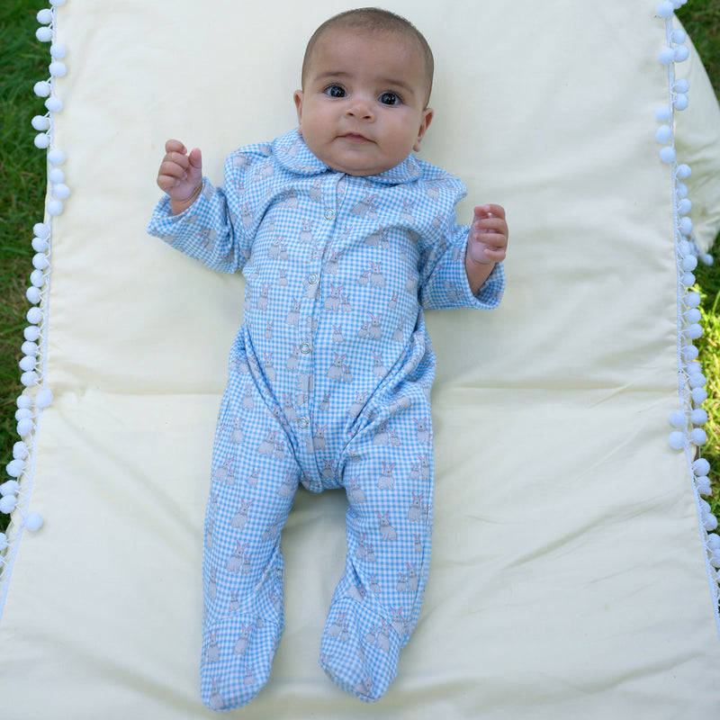 Blue Gingham Bunny Babygro