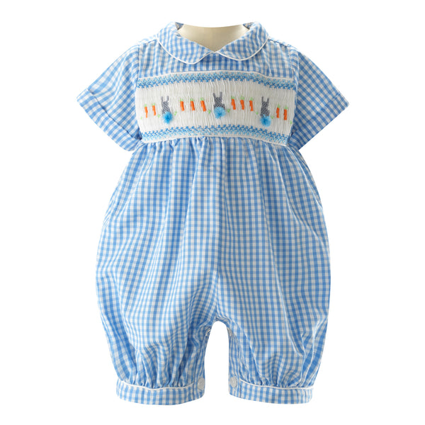 Blue Gingham Bunny Smocked Babysuit