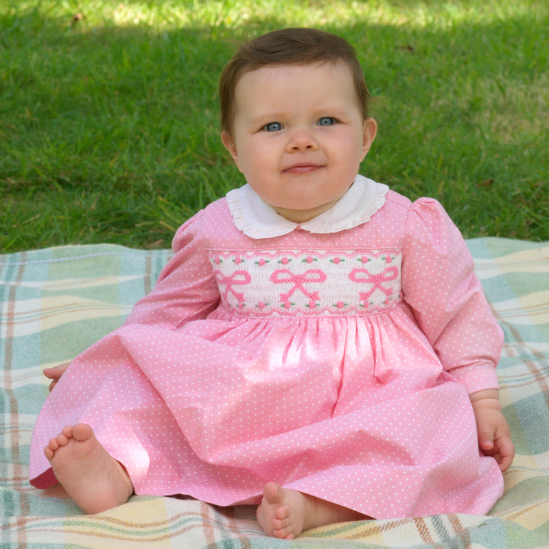 Pindot Bow Smocked Dress & Bloomers