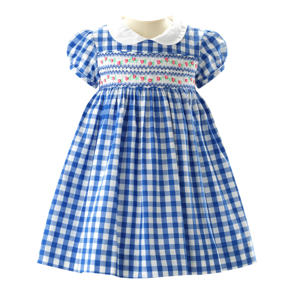 Daisy Check Smocked Dress & Bloomers, Blue