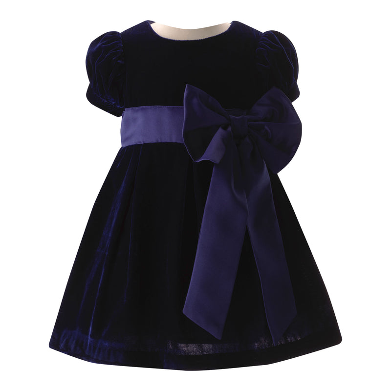 Crushed Velvet Bow Dress, Navy