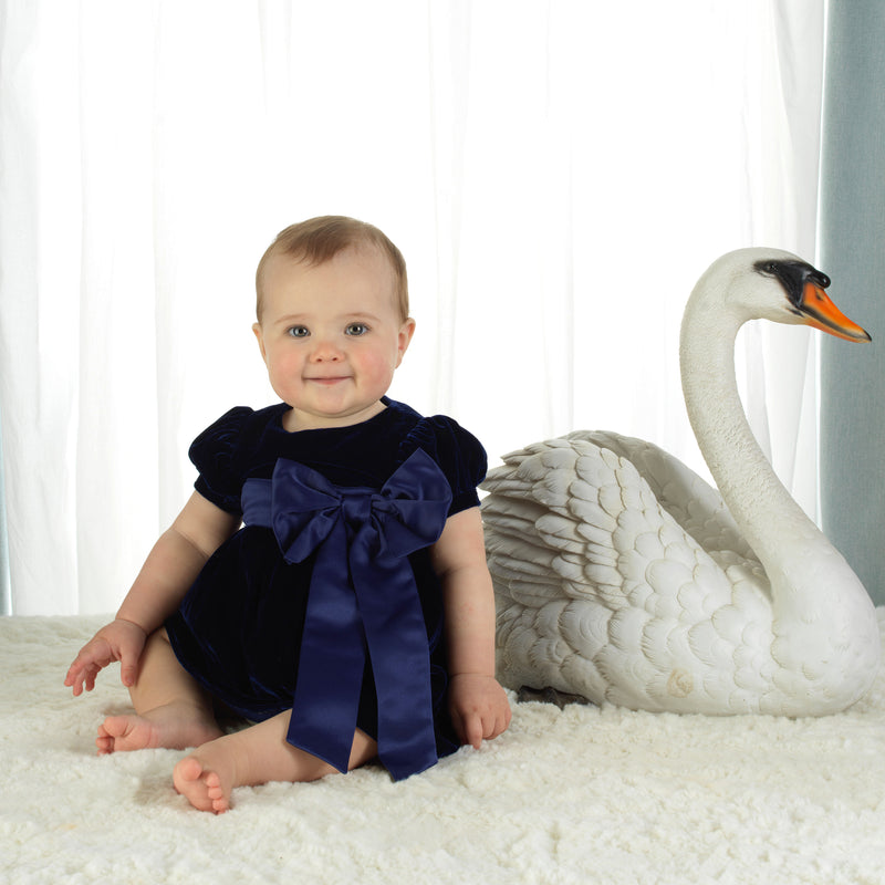 Crushed Velvet Bow Dress, Navy