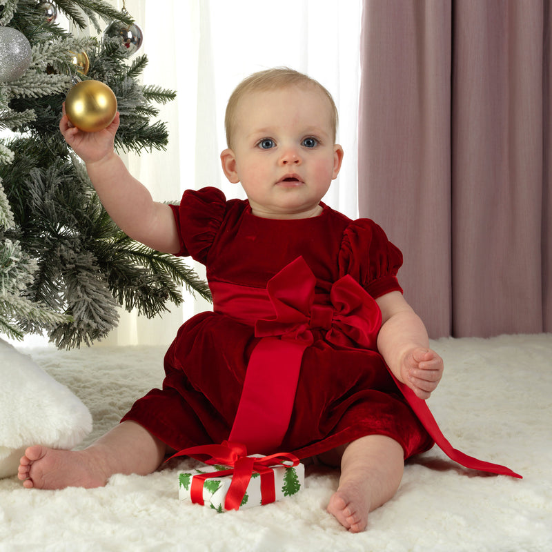 Crushed Velvet Bow Dress, Red