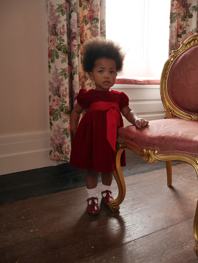 Crushed Velvet Bow Dress, Red