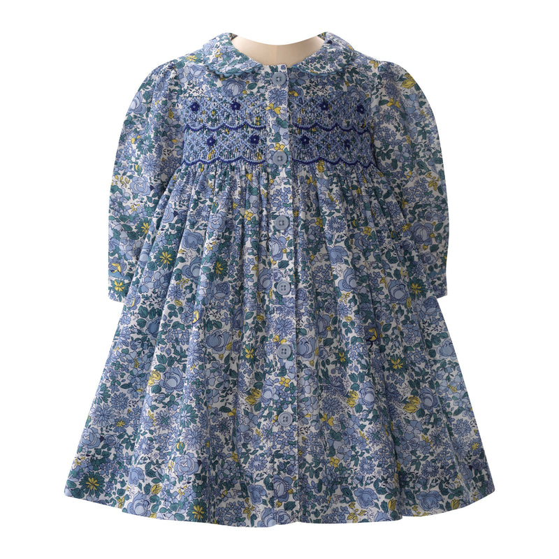 Blue Petal Blossom Smocked Button-front Dress