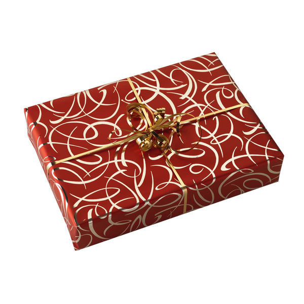 Red and Gold Swirl Wrapping Paper + Gold Ribbon