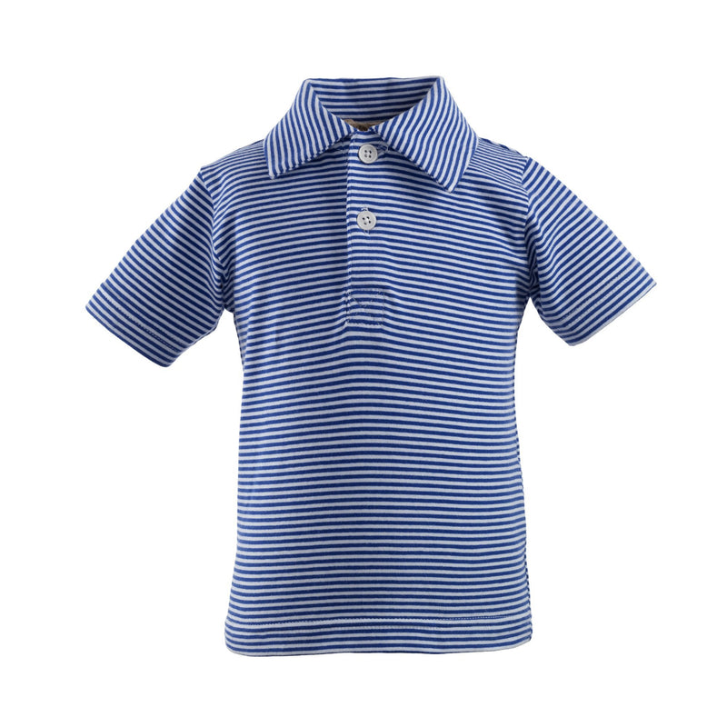 Baby boy short sleeved jersey polo shirt with narrow blue and ivory stripe